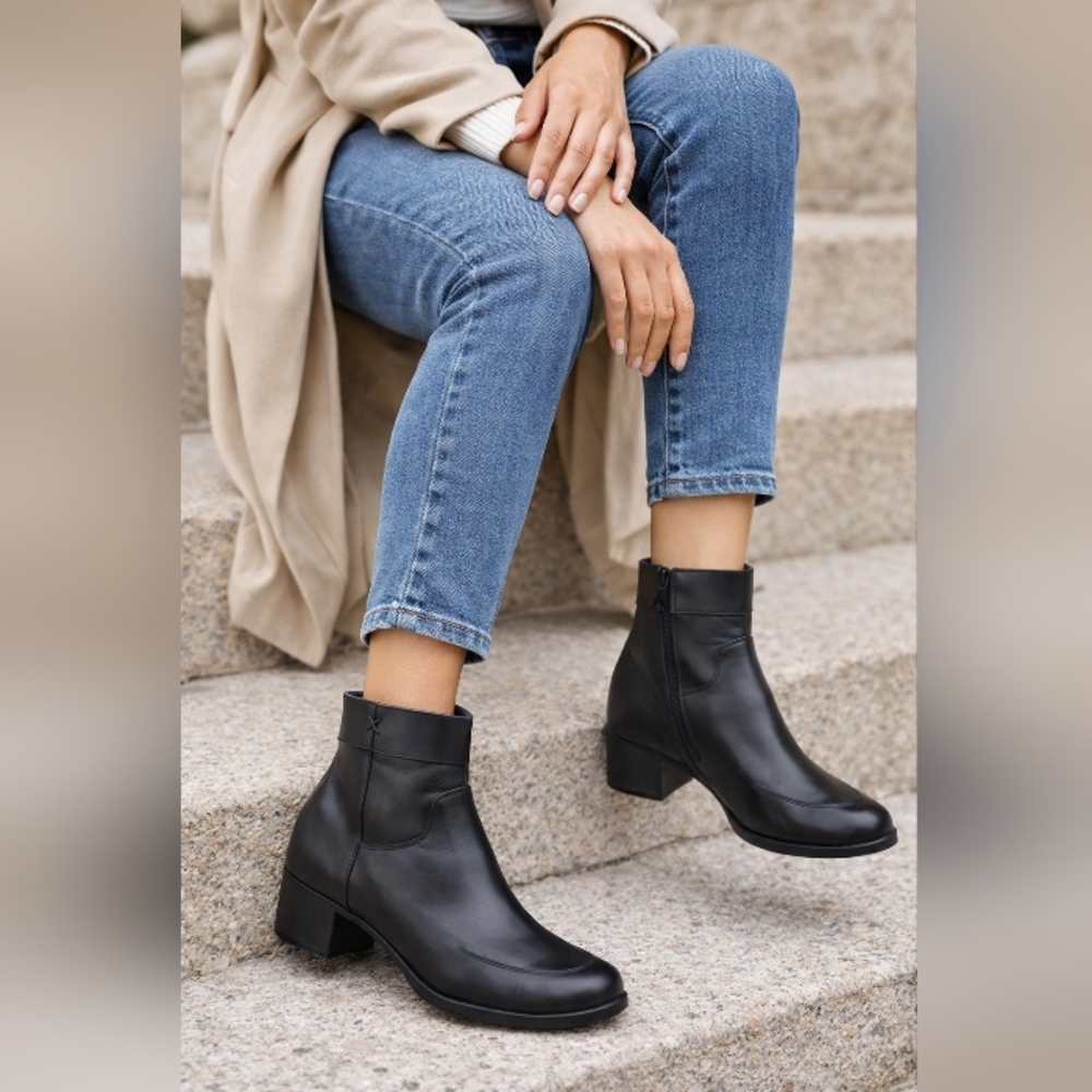 Fly London Black Sogft Leather Ankle Boots with Low Block Heel .Like New